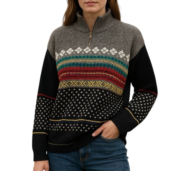 Vintage LizWear Claiborne Fair Isle Pullover Multicolor Metallic Knit Sweater - Picture 1 of 10